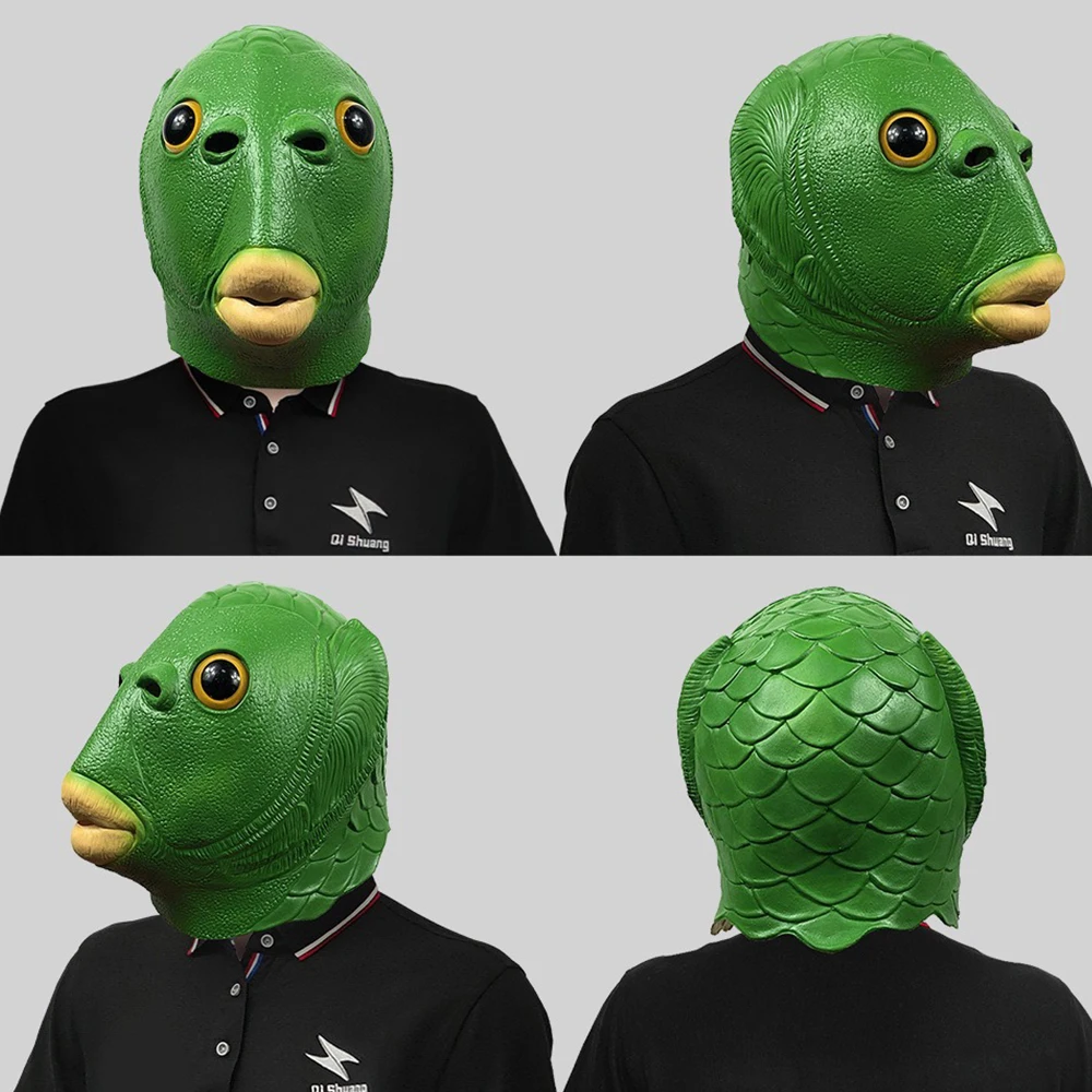 Testa di pesce verde di Halloween Testa di pesce rosso Divertente costume cosplay Maschera Festa di carnevale per adulti Maschera per testa di pesce Copricapo per il primo di aprile