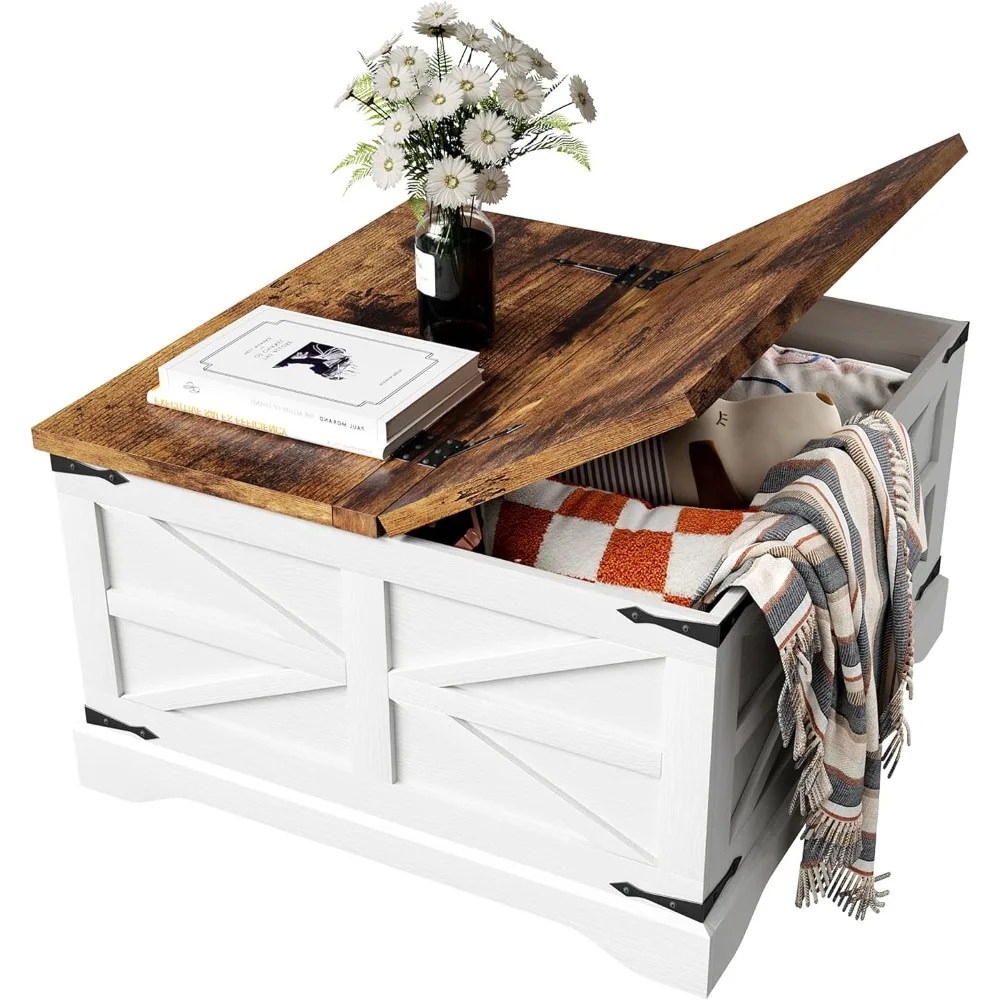 

Farmhouse Coffee Table, Coffee Table with Hidden Storage Space, Wood Center Table with Two Hinged Lift Top, Square Rustic Table