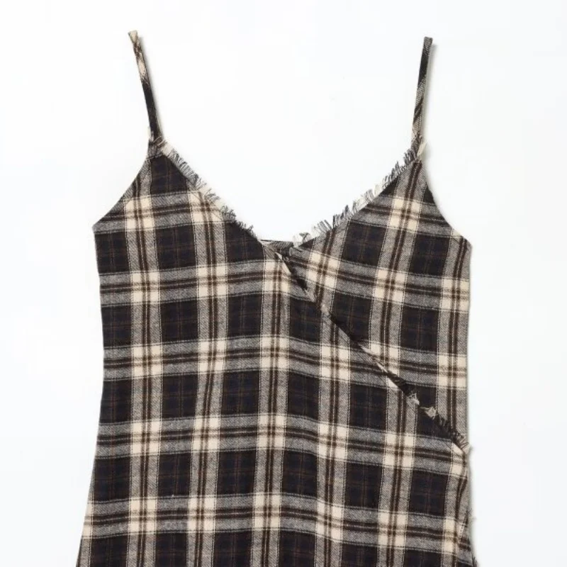 Sexy Halter Dress A-Line Asymmetry Hem Lace Edge Party Elegant Lady Thin Dress Simple Plaid Fashion Sleeveless Streetwear