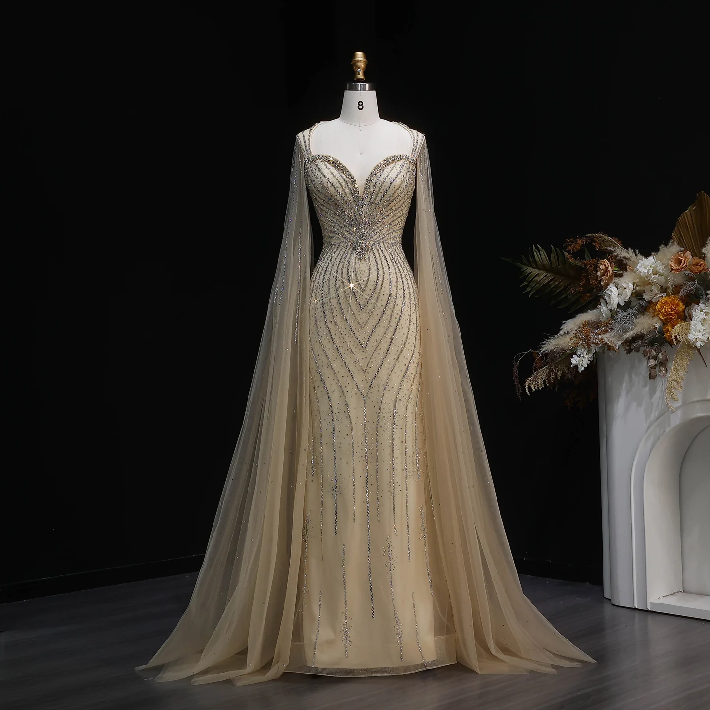 Sharon Said Elegante Abendkleider mit Cape-Ärmeln, Perlenbesetzte Meerjungfrauenkleider, Arabische Luxus-Formelle Ballkleider für Damen SS130 Maßanfertigung – Detail 4