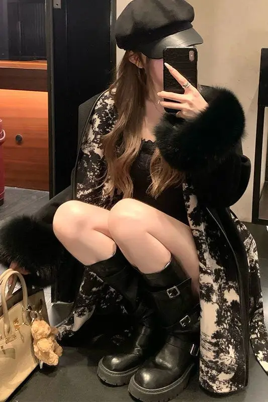 

Шерстяные пальто Женское шерстяное пальто ручной работы Осеннее пальто из искусственного меха с зубчатым воротником Регулируемая талия на пуговицах Клубные Ins