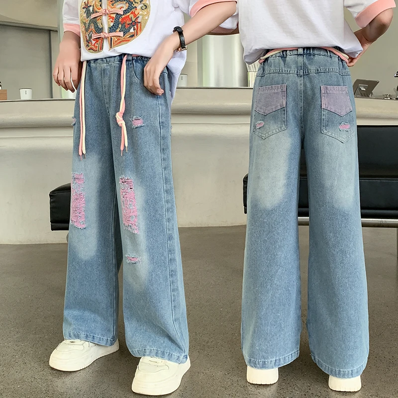 

Stylish Children Autumn Straight Leg Ripped Jeans with Drawstring for Teens Girls Y2K Hip Hop Denim Pants Kids Hiphop Trousers