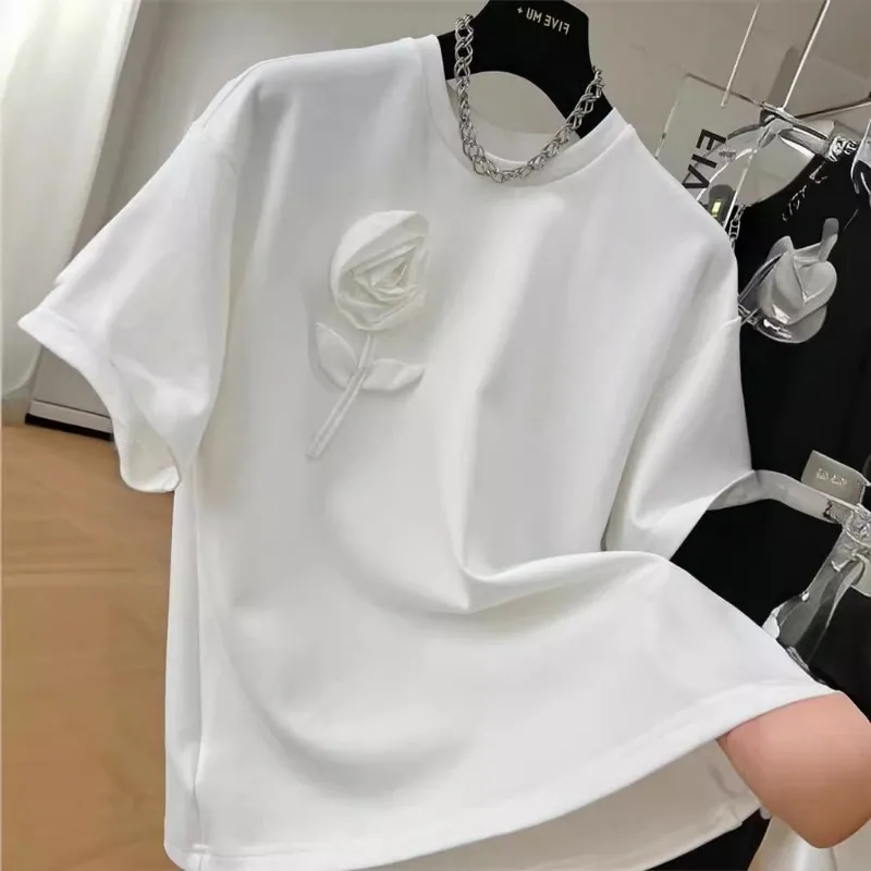 OCEANLOVE 3D Flowers T Shirt for Women Spring Summer Korean Fashion Solid Ropa De Mujer Vintage Simple Casual Camisetas