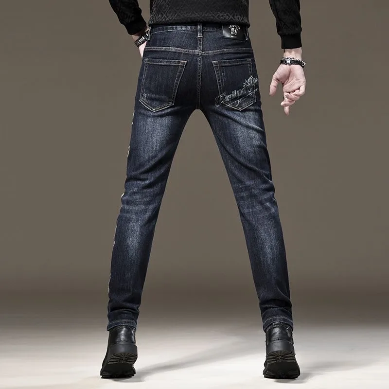2023 Autumn Winter New Slim Casual Print Fashion Warm Denim Handsome Pants Men Slim Everything Simple Small Feet Trousers