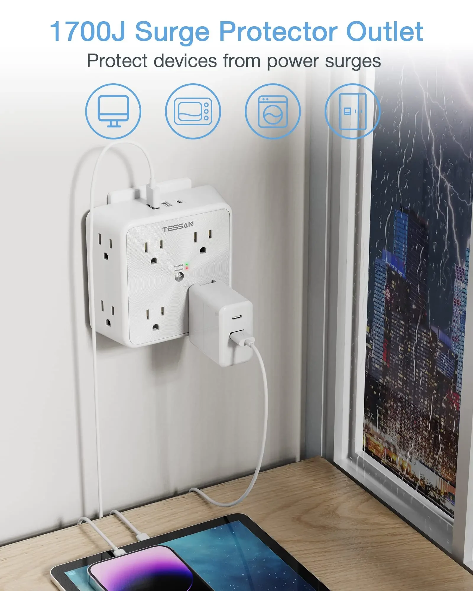 TESSAN US Wall Socket Extender with 8 AC Outlets and 3 USB Ports (1 USB C) Power Strip Adapter Overload Protection for Home
