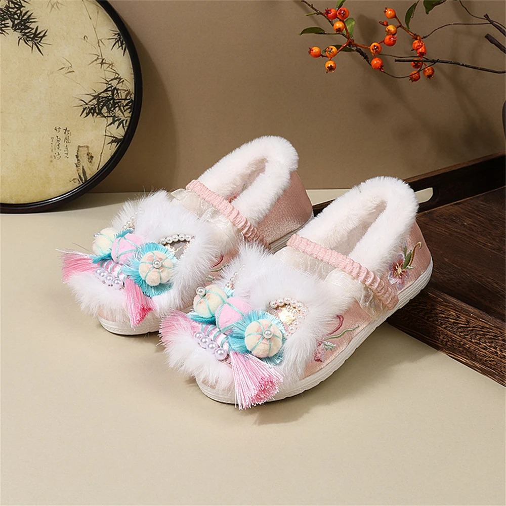 여아용 두꺼운 자수 한푸 신발, 수제 귀여운 만화 공주 플랫, 새해 고대 코스튬 탕 세트 신발, 가을 겨울