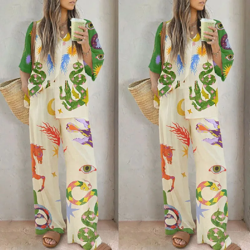 

Модный повседневный комплект из натуральных брюк с принтом 2025, женская трансграничная одежда, удобный дышащий летний наряд