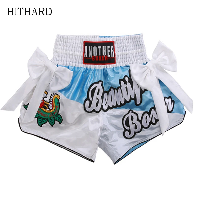 الملاكمة التايلاندية السراويل مع القوس الشريط سراويل ملاكمة النساء الرجال الطفل تصارع التايلاندية الملاكمة كيك بوكسينغ السراويل القتال الملاكمة ثي الملابس