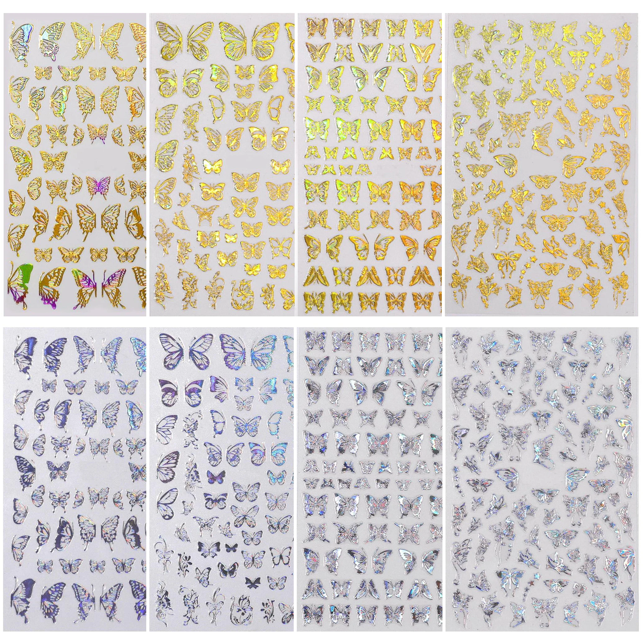 

4/8pcs Gold Foil Butterfly Nail Stickers – French 3D Laser Gold/Silver Decals for DIY Gel Nail Art