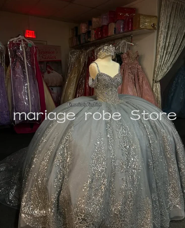 Zilver Sparkly Prinses Quinceanera Jurken Glitter Crystal Off Schouder Gezwollen Corset Lace-up Aangepaste vestidos de xv jaar