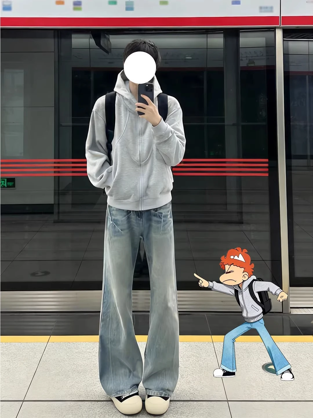 

Light Blue Lightning Pattern Bell Bot Jeans Men's American CleanFit Straight Leg Knife High Street Wide Leg Denim Jeans