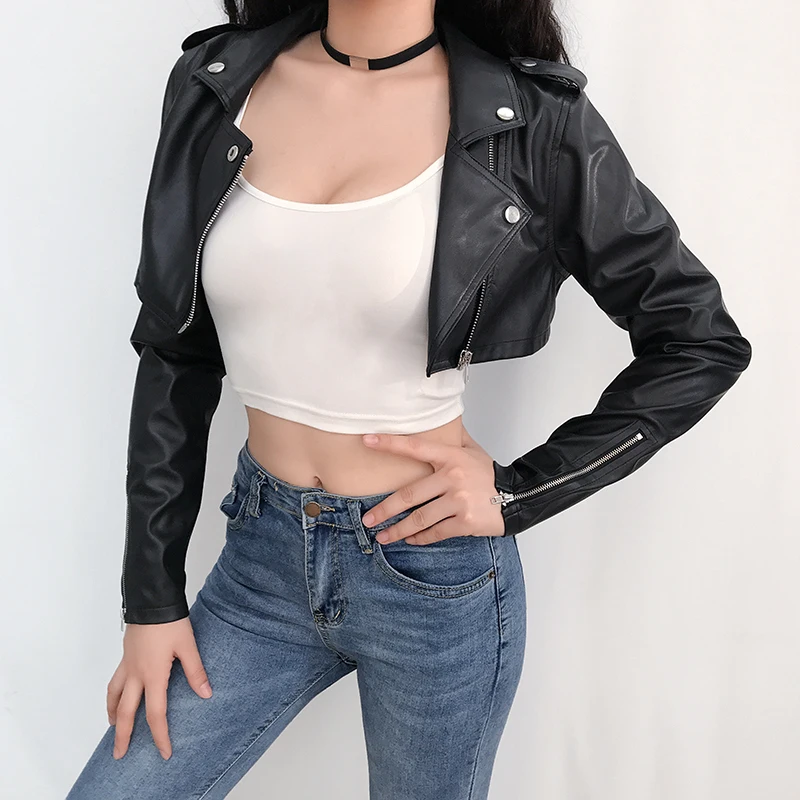 Short Empire Leather Jackets for Women, Long-Sleeved, Solid Zipper, Slim, All Match, Female Outwear Tops, Winter, New