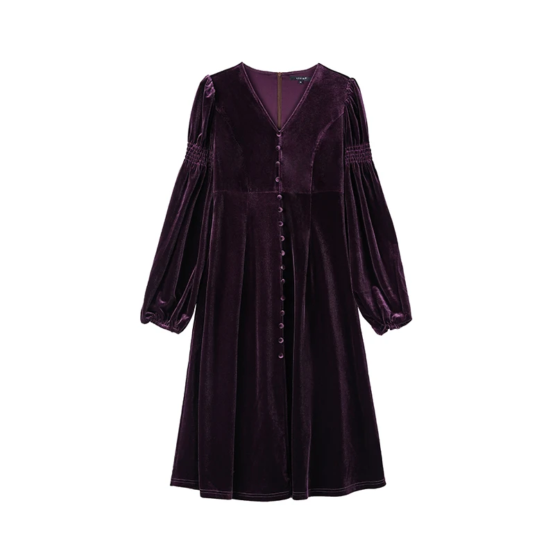 2023 Autumn/Winter New Purple Silk Velvet Bubble Sleeve Dress Women\'s Spliced Slim Loose Large Knee Length A-line Dress Robe