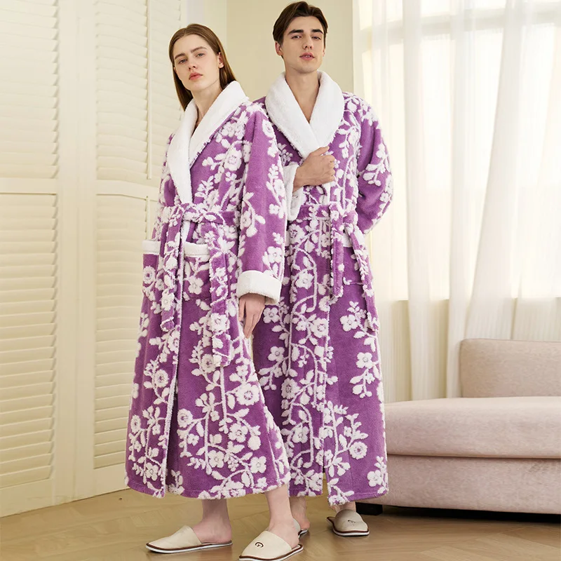 Women Extra Long Thermal Jacquard Flannel Bathrobe Winter Warm Thickened Plus Size Bath Robe Dressing Gown Men Sleepwear
