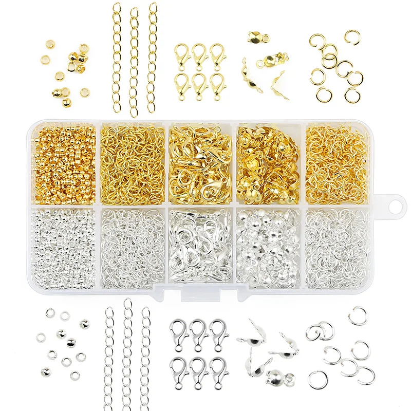 DIY Gold Color Silver Plated Alloy Accessories Jewelry Making Tools Set Clip buckle Open Rings chain lace Buckle Beading Kit Box