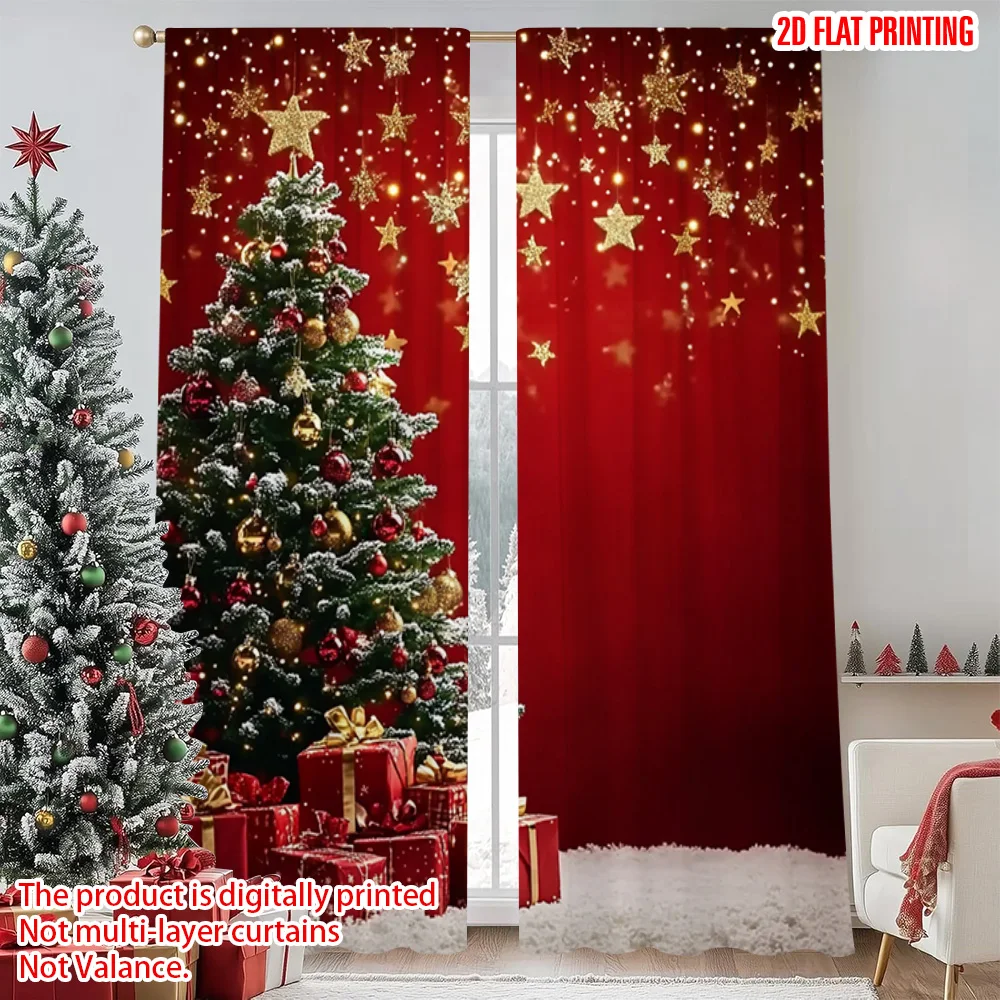 

2pcs 2D flat printing Christmas Window Curtains red Star Versatile 100% Polyester Without Electricity Festive Holiday Use for