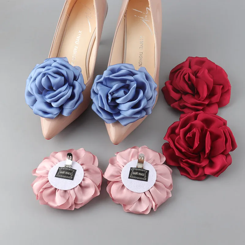 Detachable Satin Rose Shoe Clips Flower Shoe Decorations for Women High Heels Wedding Bridal Shoes Ornament Handmade Accessory