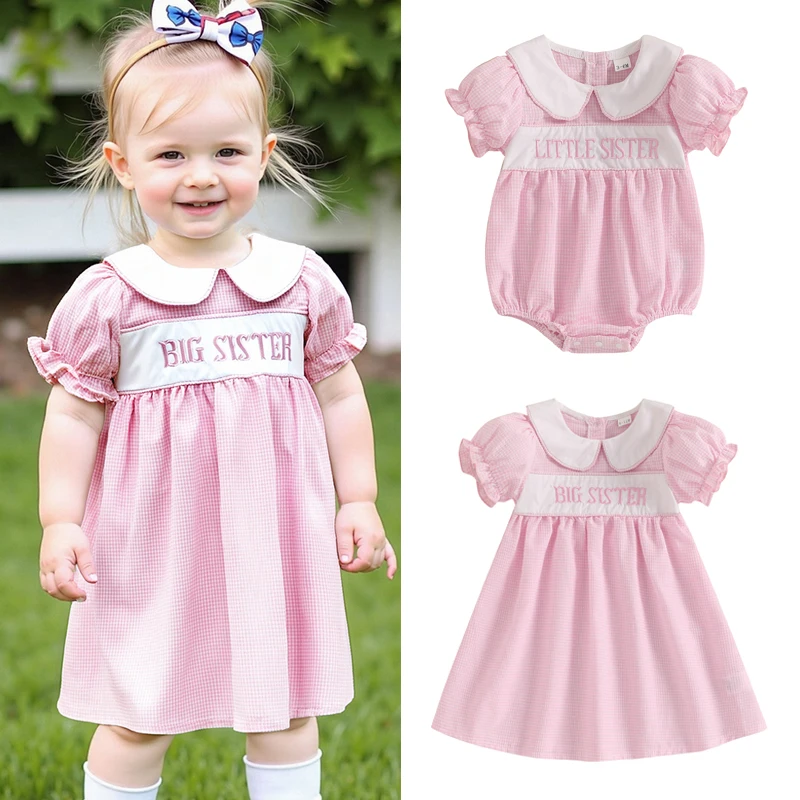 Focusnorm 0-4y irmã roupas combinando bebê meninas macacão/vestido carta bordado gola boneca manga curta xadrez impressão roupas