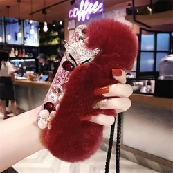 Luxury Rhinestone Warm Fluffy Rabbit Fur Bling Diamond Pearl Case Cover For Xiaomi Redmi Note13 Pro 4G 5G Note 14 Note 12 11 Pro