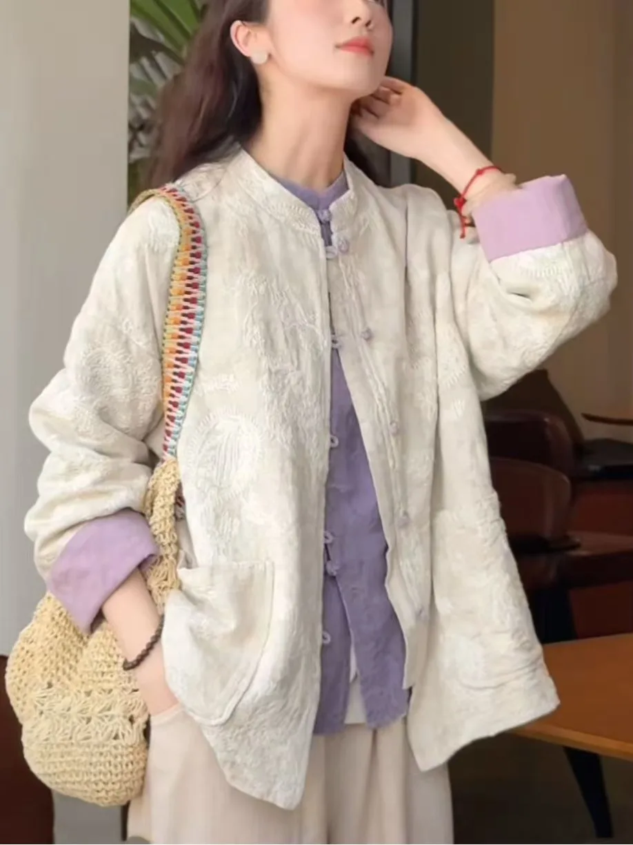 

Chinese Sle Cotton Linen Waed Coat with Button Stand Collar Women's Spring Artistic Heavy Embroidery Open Cardigan Top