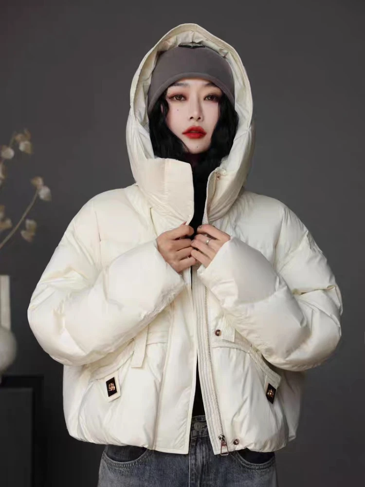 Winter New Down Jacket Women Casual Hooded Lightweight Solid Color Down Jacket White Duck Down Warm Loose Short Puffer Coat