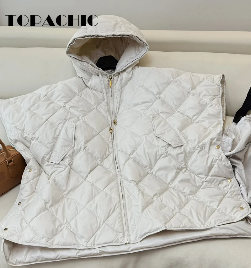 8.29 TOPACHIC-Women Chic Quilted Argyle Plaid White Goose Down Capes Jacket All-matches Hooded Loose Zipper Down Vest Coat