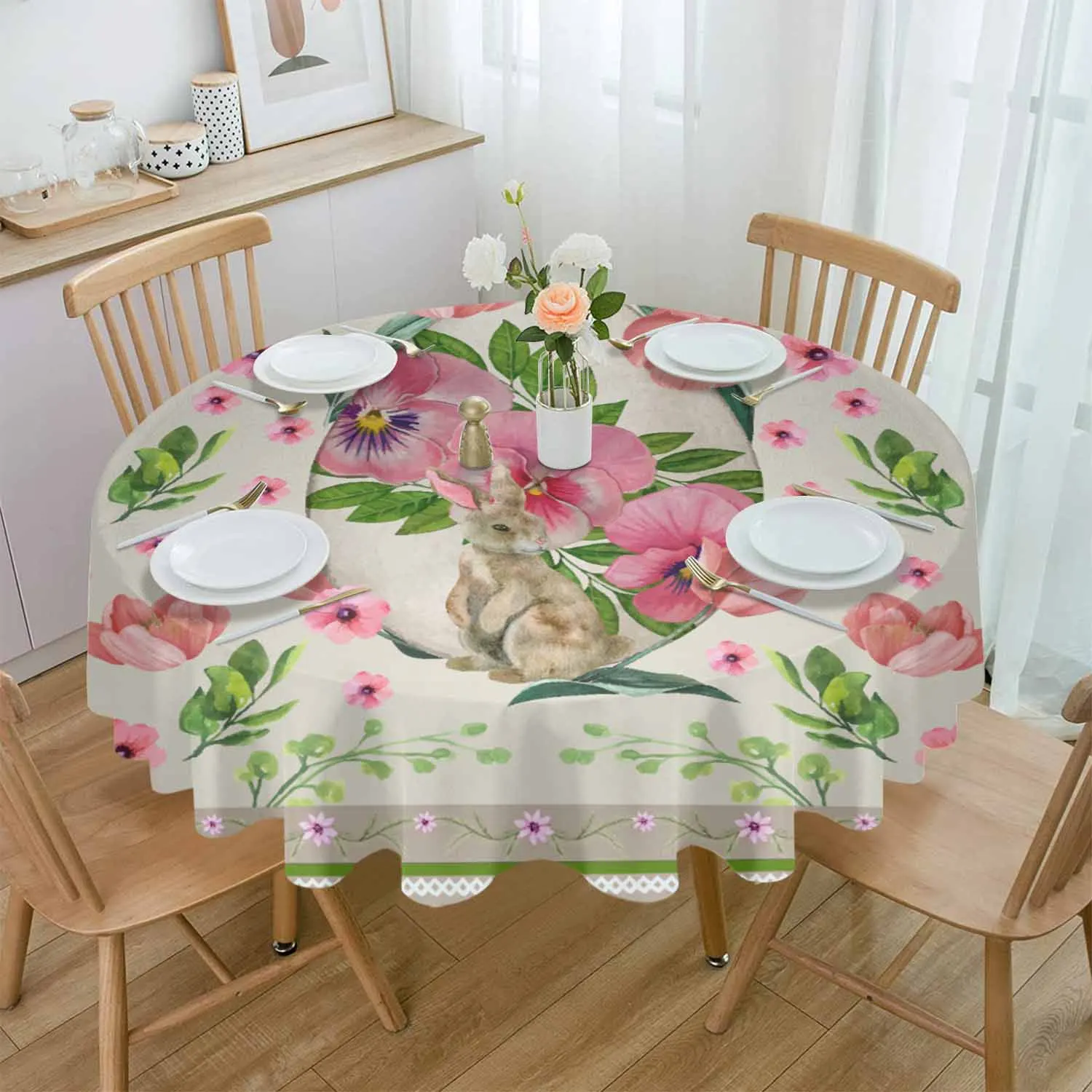 Rabbit Easter Flower Checkered Egg Waterproof Tablecloth Table Decoration Wedding Home Kitchen Dining Room Round Table