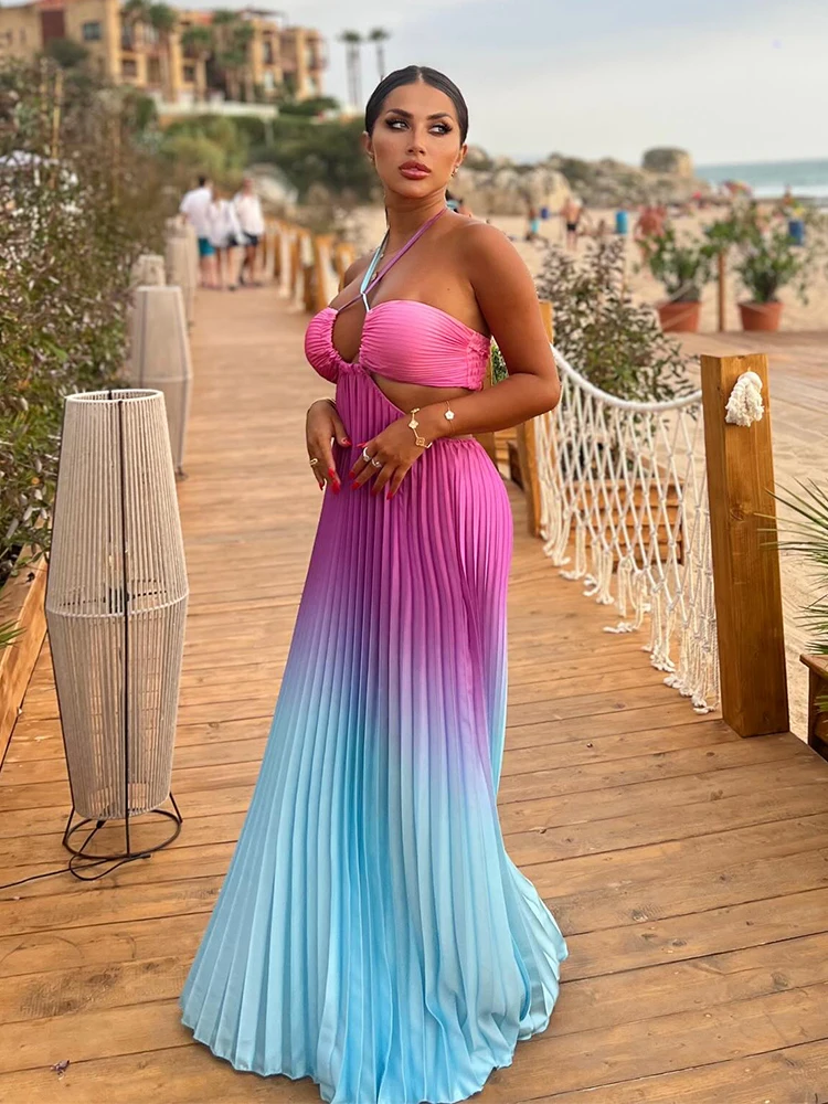 

Women's Summer Dresses Casual Vacation Beach Dresses Gradient Hanging Neck Fashion Pleated Long Dresses