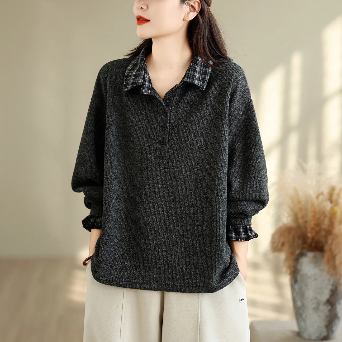Women Plaid Patchwork Fold Collar Hoodie Loose Oversized Streetwear Cozy Layering Drawstring Long Sleeve Fall Sweatshirts