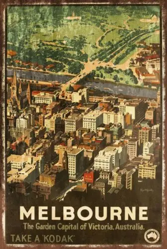 Melbourne Australia Rail Travel Advert Aged Look Vintage Retro Style Metal Sign