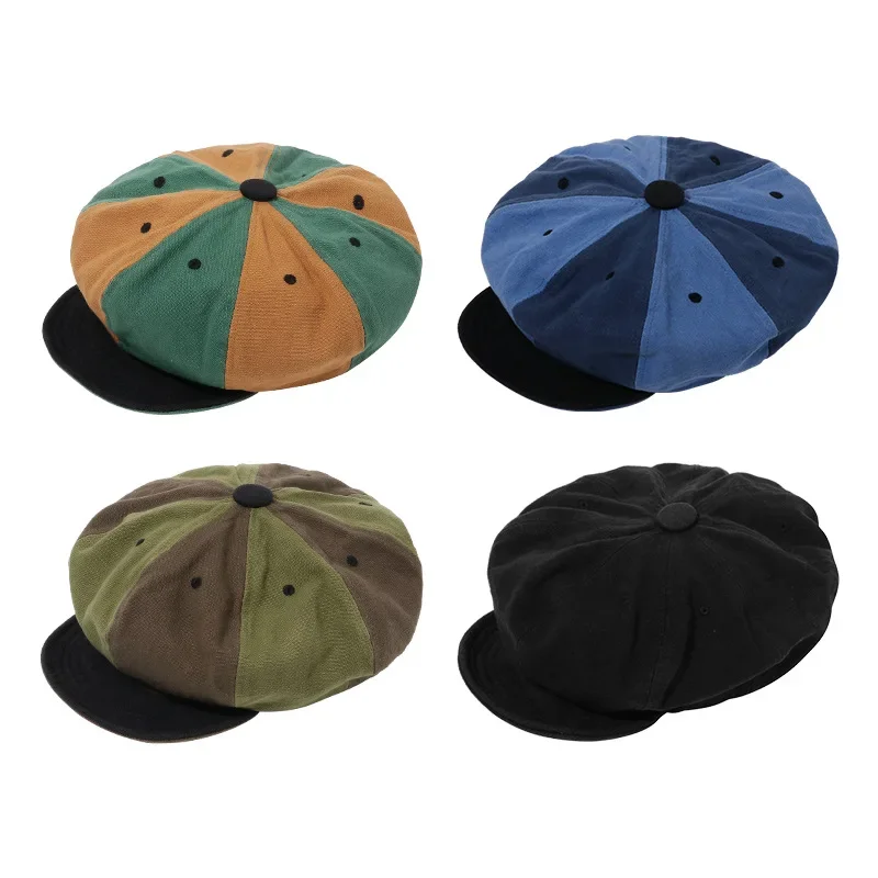 Retro Colour Blocking Beret Washed Old Octagonal Hat Loose Tight Adjustable Painter's Cap Casual Newsboy Cap Fashion Forward Cap