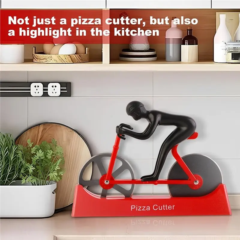 A27F-One-Of-A-Kind Bicycle Pizza Cutter-Slice With Stainless Steel Wheels And Innovative Stand Bike Pizza Slicer