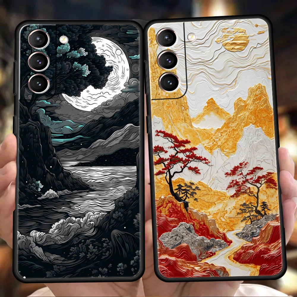 Cartoon Mountain Painting Phone Case for Samsung Galaxy S24 S23 S22 S20 S21 FE Ultra S10 S10E S9 S8 Plus 5G Silicone Soft Cover