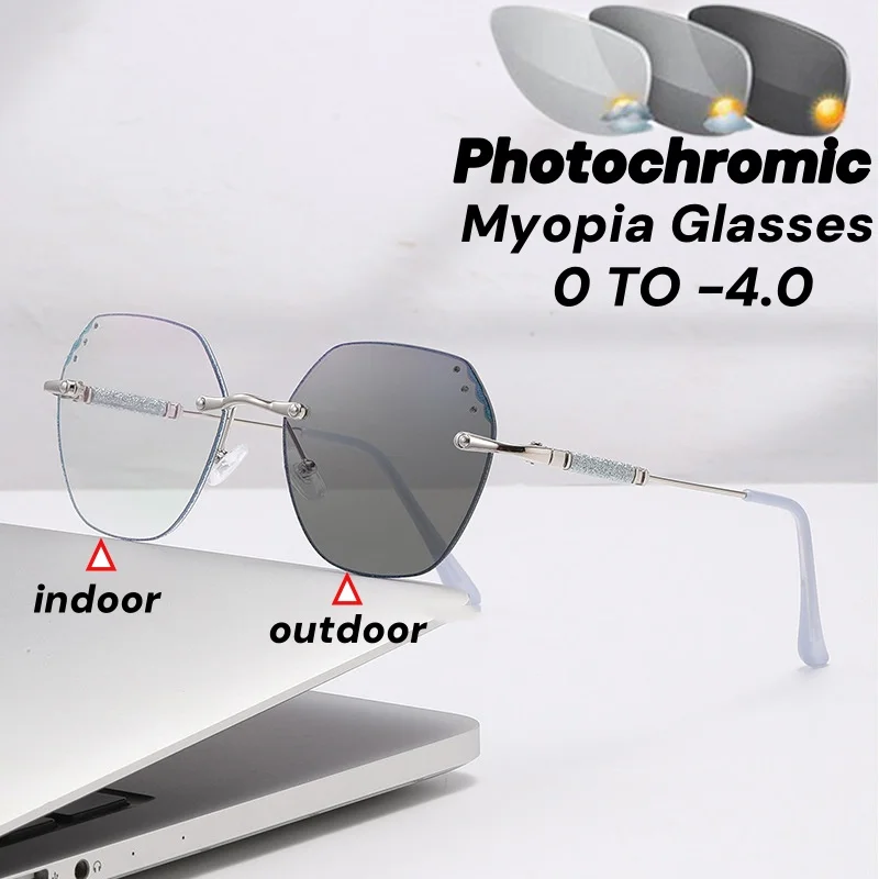 

New Trend Frameless Diamond Cutting Edge Flashing Photochromic Myopia Glasses Women Oversize Blue Light Blocking Sunglasses