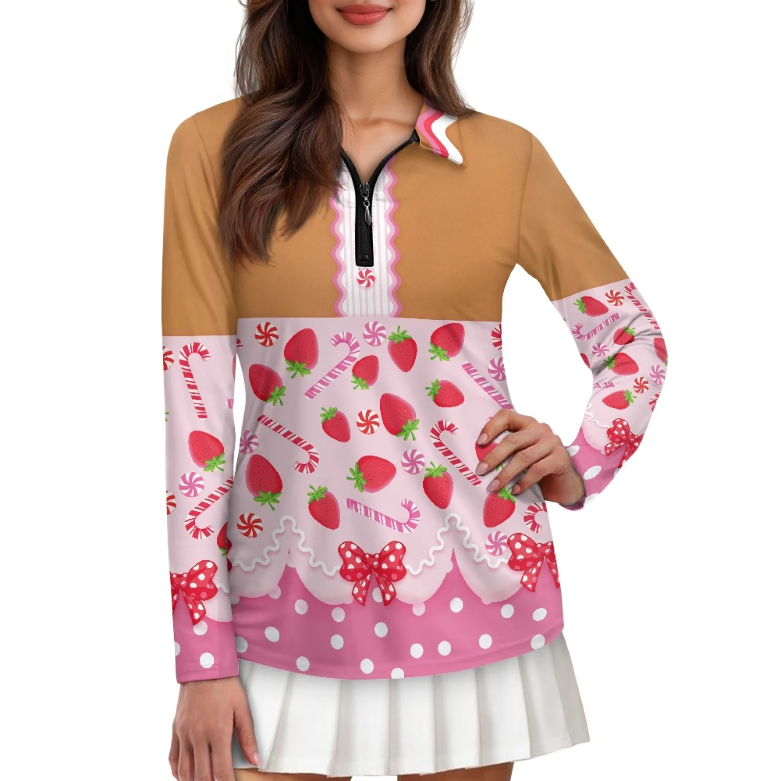 PENSTROLL Womens Strawberry Candy Cane Athletic Golf Hiking Shirts Tops, Quick Dry Tennis Polo Shirts for Running Workout