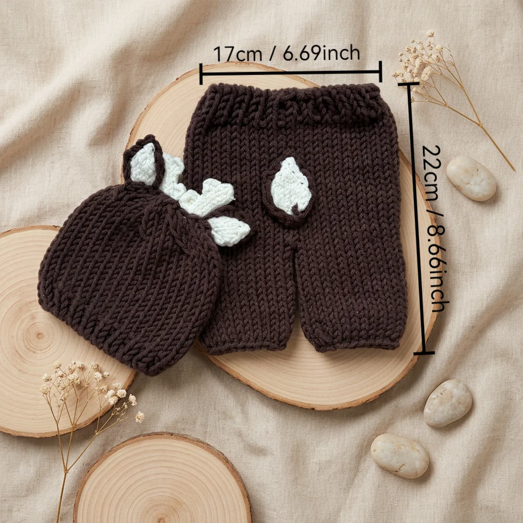 2Pcs Newborn Fawn Outfit Photography Props Christmas Deer Handmade Knit Beanie Hat & Shorts Set Coffee for Baby Photo Shoots