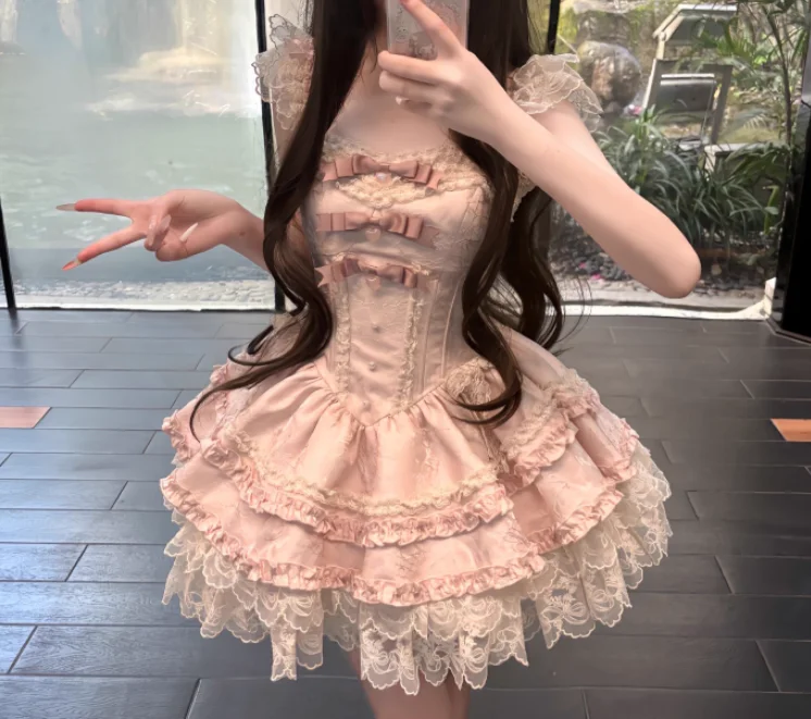 Elegant Lolita Ballet High Waist Cake Princess Dress Fashion A-line Sweet Bow Birthday Party Halloween Fairy Suspender Dresses
