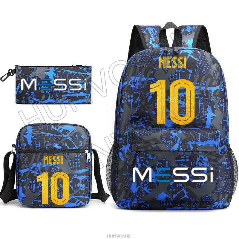 Mochila de fútbol de 3 piezas para niños y mujeres, morral escolar con diseño de superestrellas, Messi, ideal para viaje, portátil, estudiantes