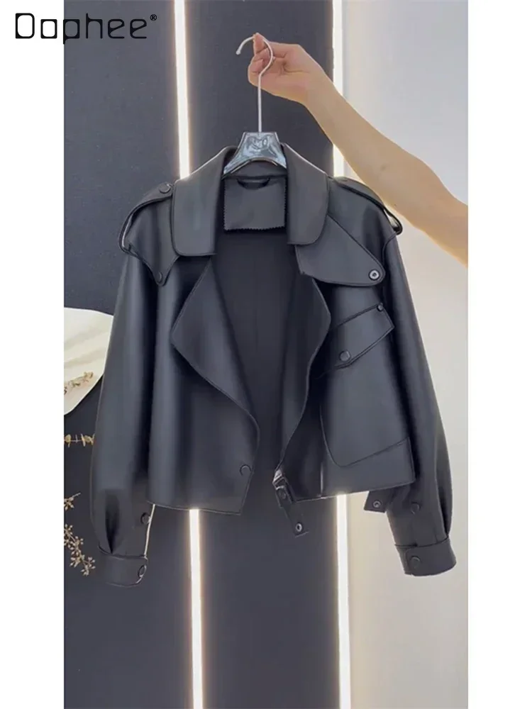 American Retro Black Cropped Leather Coat 2023 New Women\'s Autumn and Winter Streetwear Polo Collar Leather Jackets for Women