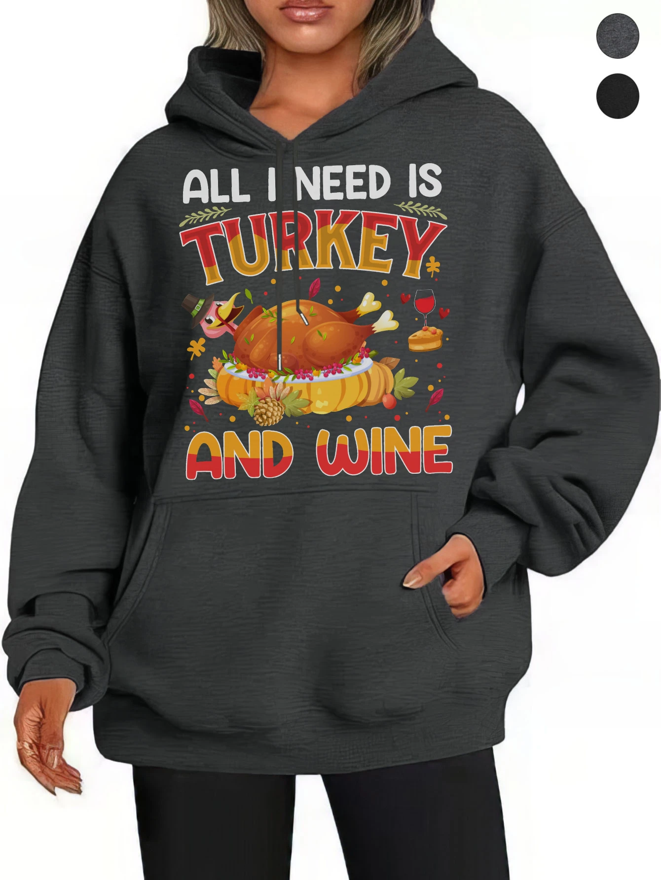 

ALL I NEED IS TURKEY AND WINE Стильные черные, серые толстовки унисекс в стиле ретро, поп-дизайн, удобная свободная посадка для осенне-зимних видов спорта