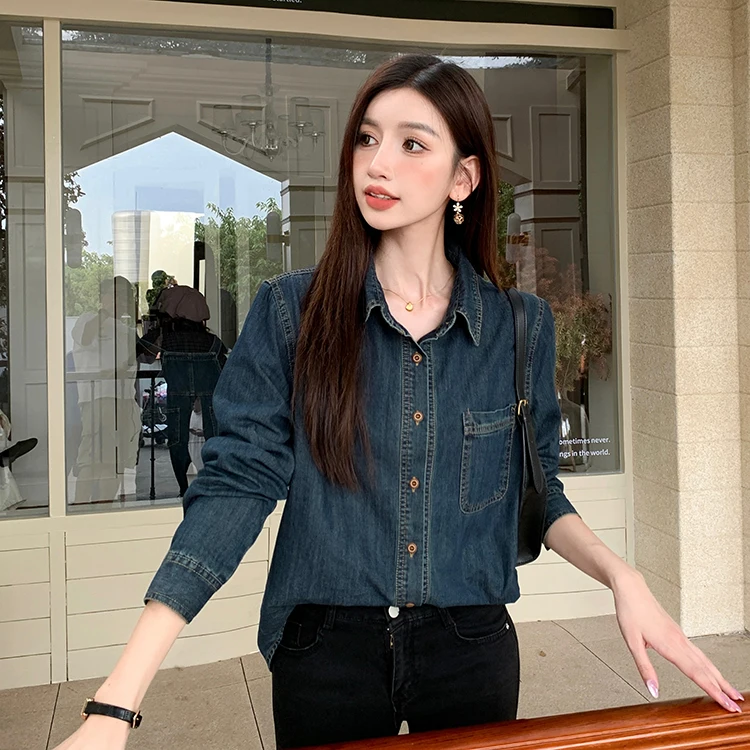 

Women's Spring Autumn Blue Denim Shirt Jacket Outerwear Turn Collar Streetwear Long Sleeve Single Breasted Vintage Jeans Coats