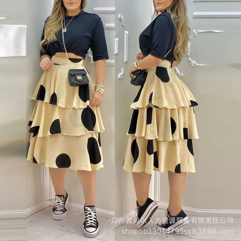 Two Piece Skirt Sets Women Print Dot Ruffles A Line Long Skirts High Waist Casual Half Sleeve Tops Suits Elegant Lady 2024