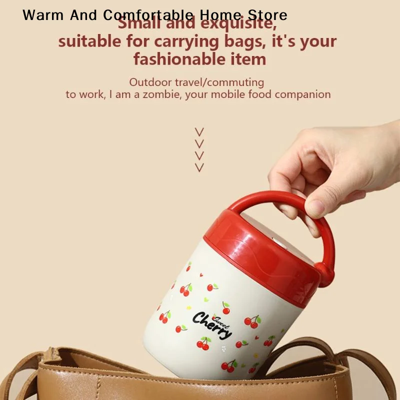 【W】500ml Cherry 304 Stainless Steel Insulated Lunch Box, Portable Breakfast Cup With Thermal Bag