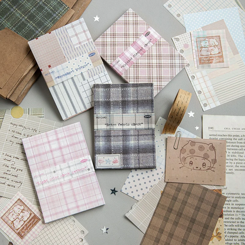 

50pcs Creative Plaid Decor Scrapbook Vintage Material Paper Kit DIY Junk Journal Collage Photo Album Retro Background Paper