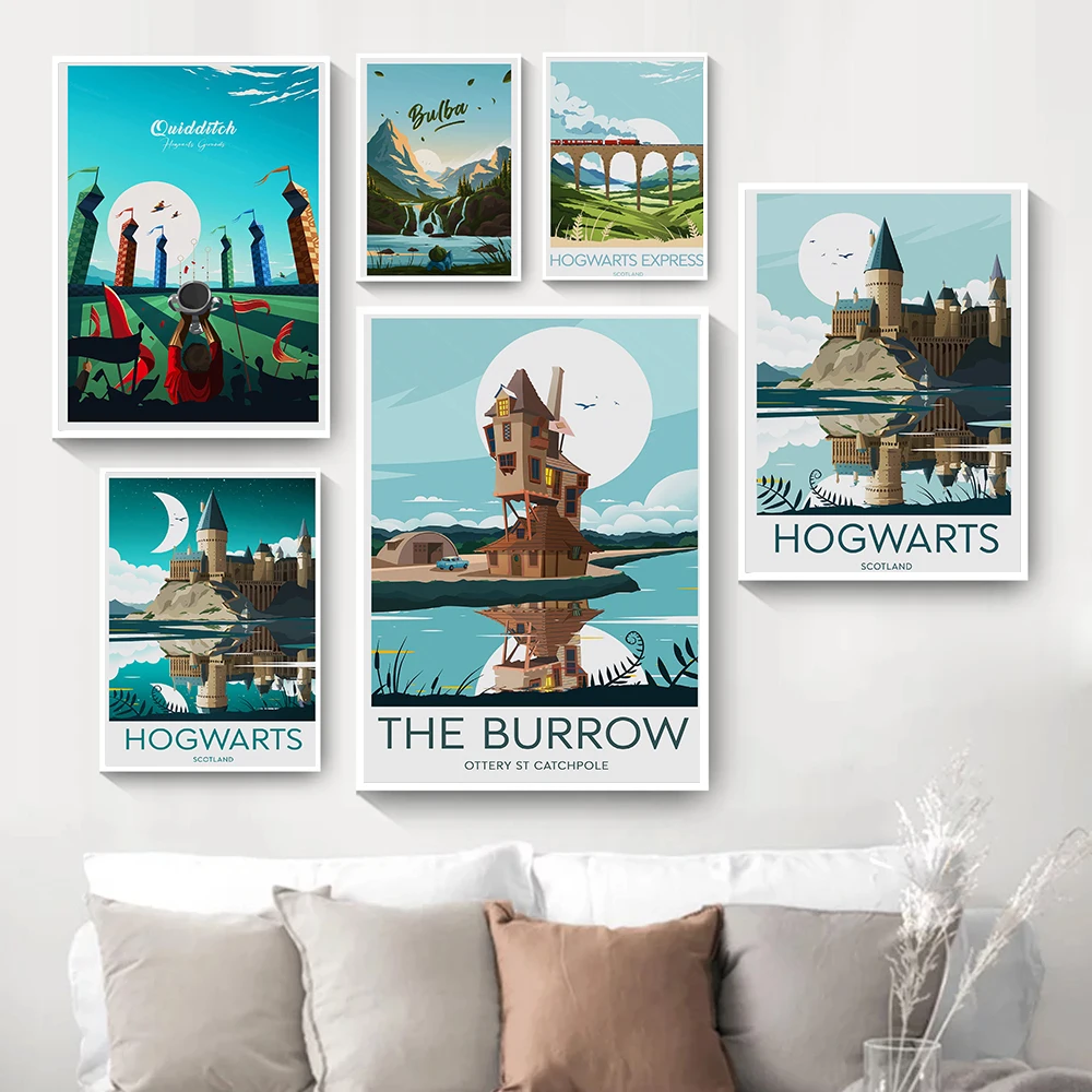 Movie Hogwart Night Castle Posters and Prints Castle Lake Sun Canvas Painting Abstract Pictures For Kid Room Home Decor Wall Art