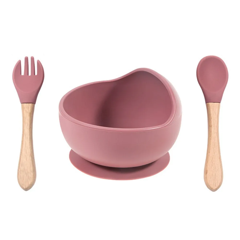 

Anti-Slip Silicone Baby Feeding Bowl Waterproof Food Grade Spill-Proof Suction Bowl Solid Color with Spoon&Fork Feeding Bowl Set