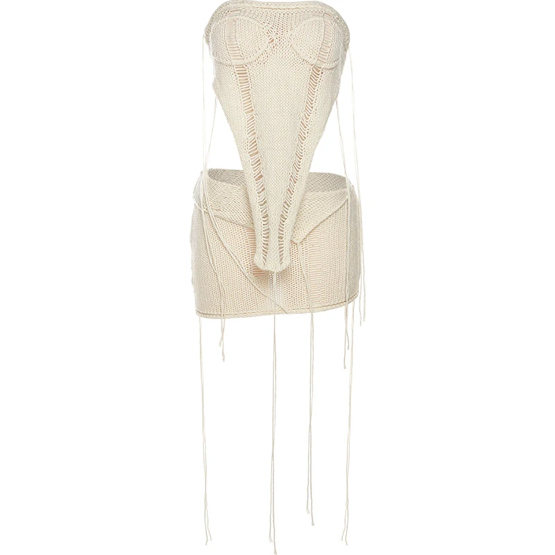 WEIRD PUSS Pure Desire Design Irregular Knitted Tube Top And Skirt Set Tight Fitting Faionable Polyester Summer Outfit
