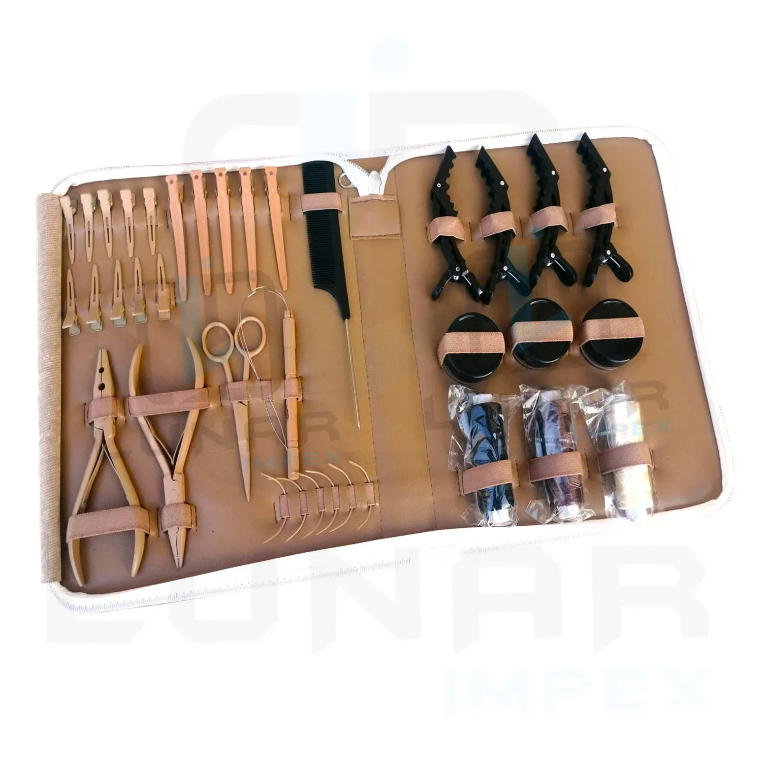 

Latest LUNAR Manufacturing Hair Extension Tools Kit With Customized Accessories In Tan Or Beige Color With Custom Logo Labeling