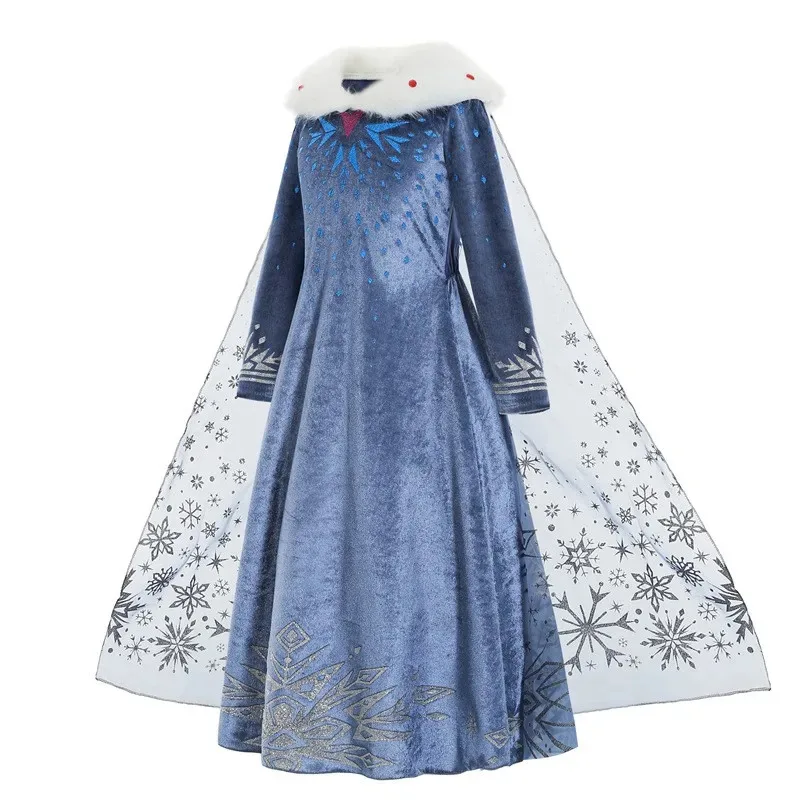 Frozen Princess Elsa's Same Dress Elsa Fur Collar Blue Winter Warm Long-Sleeved Printed Clothing With Cape Doll 2-10T