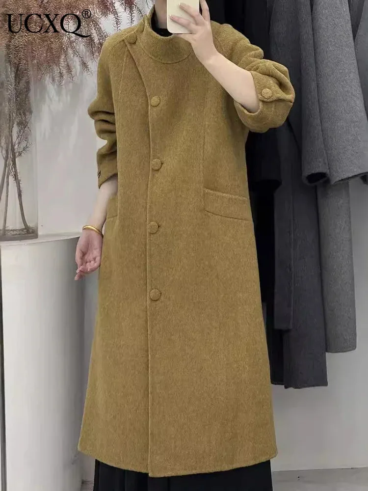 

UCXQ Elegant Woolen Coat Korean Style Stand Up Collar Irregular Single Breasted Loose Long Jacket Women 2024 Autumn Winter C1718